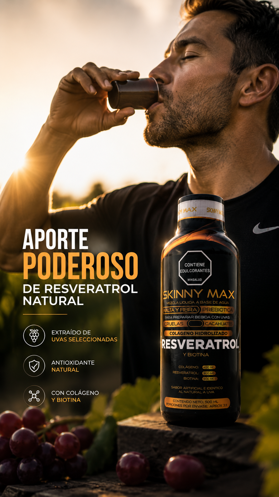 Resveratrol Líquido Skinny Max — Colágeno, Biotina y Antioxidantes 500ml